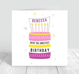 Personalised Happy birthday cake card, fun happy birthday card, illustrated birthday card 6x6
