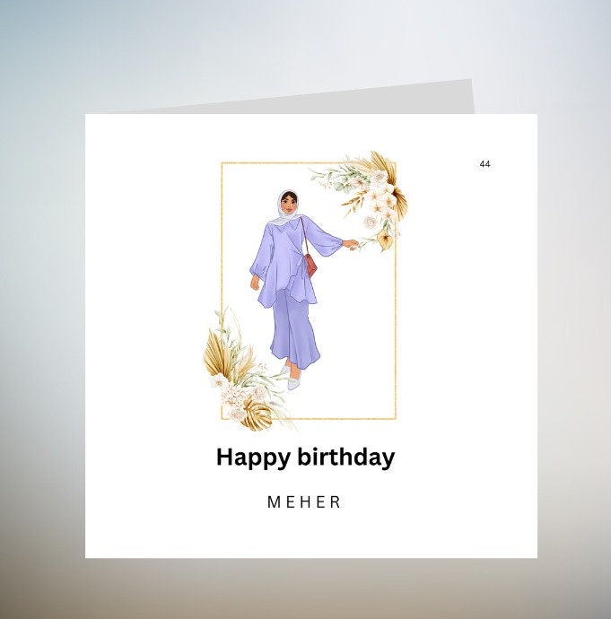 Personalised Stylish Modern Muslim Hijabi Women Happy Birthday Card, Islamic Greeting Card Handmade Muslim Women Birthday Card 6x6
