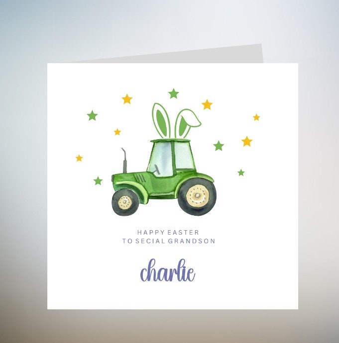 Personalised Easter card for kids, tractor farm design, card for daughter son granddaughter grandson, unisex boys girls, Easter 6x6