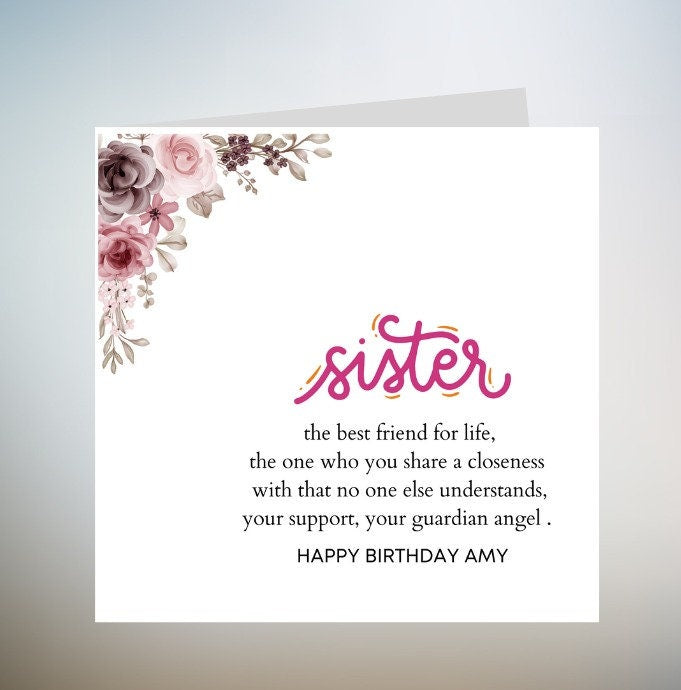 Personalised Sister Birthday Card, Personalized Sister Birthday Day Card, Happy Birthday Sister, Sister Birthday, Sister Greeting Card 6x6
