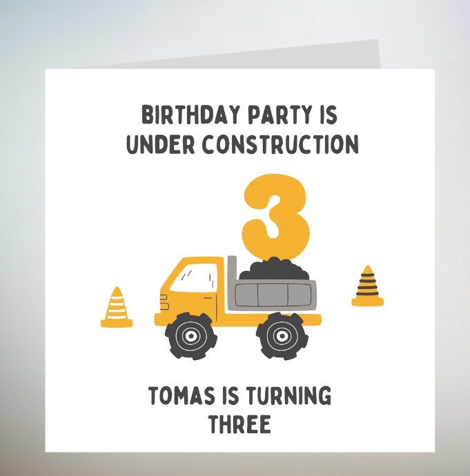 Son 3rd Birthday Card, Grandson 3rd Birthday Card, Personalised 3rd Birthday Card, Construction Birthday Card For Boy, Digger Birthday 6x6