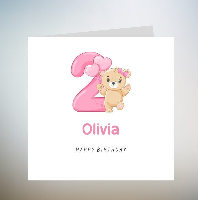 Personalised 2 Year Old Birthday Card, 2nd Birthday Card For Girl, Pink Balloon 2nd Birthday Card For Daughter, Niece, Granddaughter 6x6