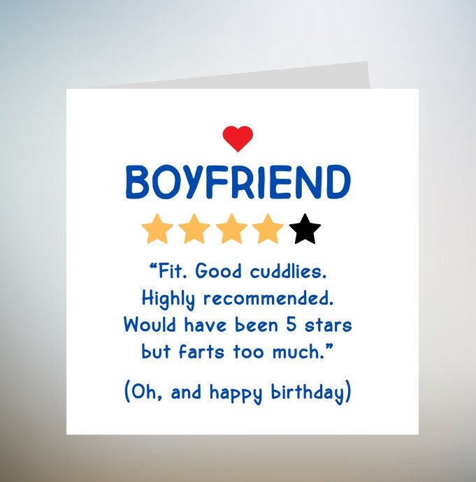 Funny Boyfriend Birthday Card - Boyfriend 5 Star Review, Excellent Boyfriend Skills, Would Highly Recommend, Definitely a Keeper 6x6