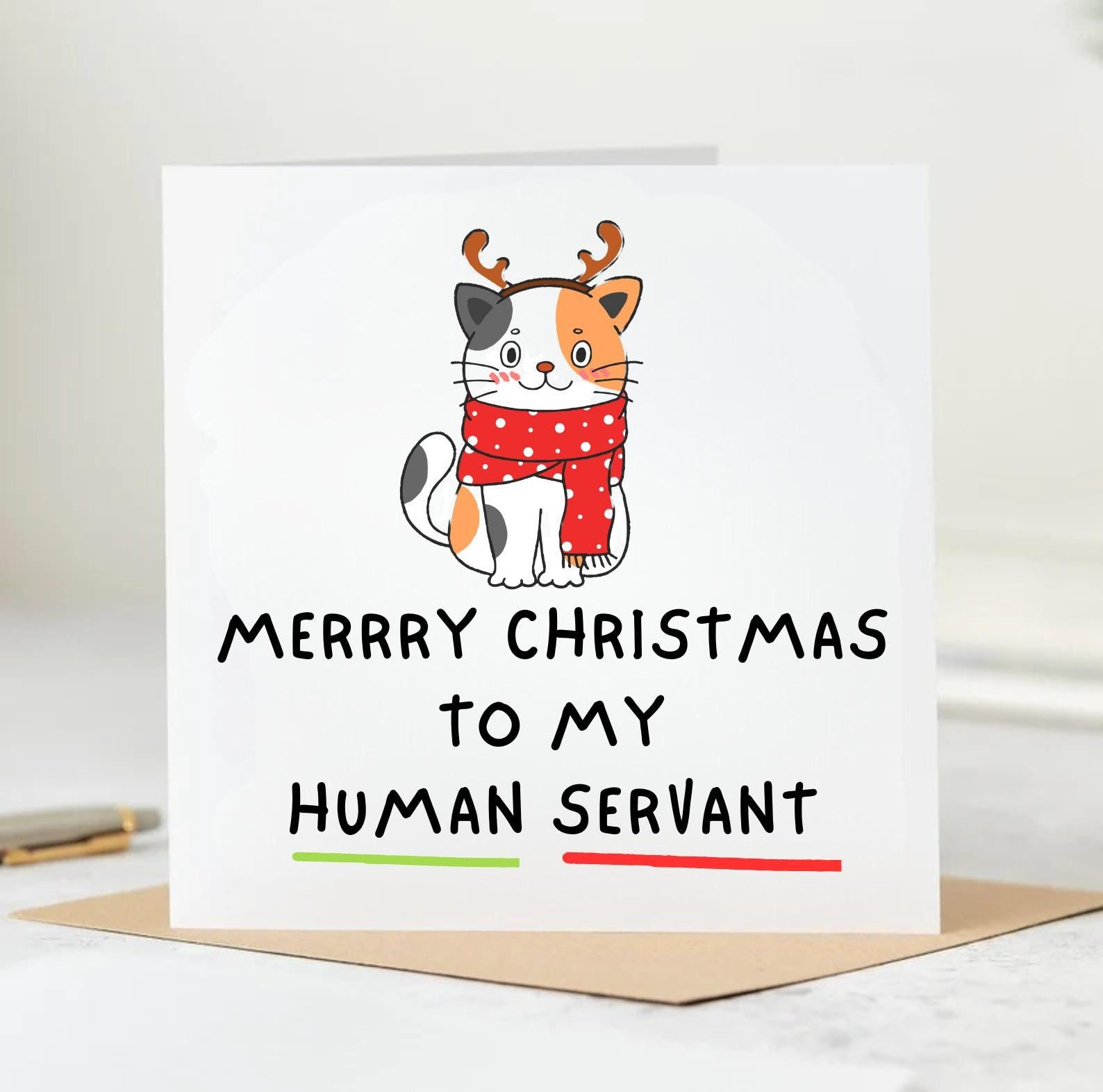 To My Human Servant Christmas Card, Funny Christmas Card From The Cat, Personalised Card 6x6