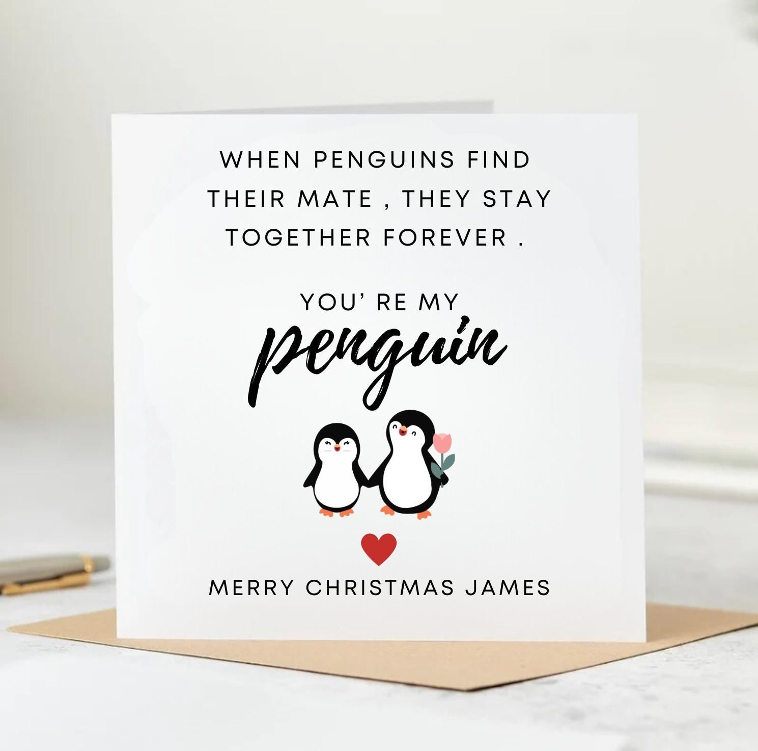When Penguins Find Their Mate Christmas Card - Romantic Cute Penguin Greeting Card For Husband - Xmas Card Husband Wife Boyfriend 6x6