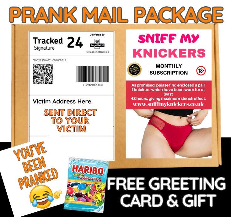 Prank Mail Package -sniff my knickers sent directly to Victim by Post - Adult Joke Parcel Birthday Postal Gift Funny Gag Embarrassing