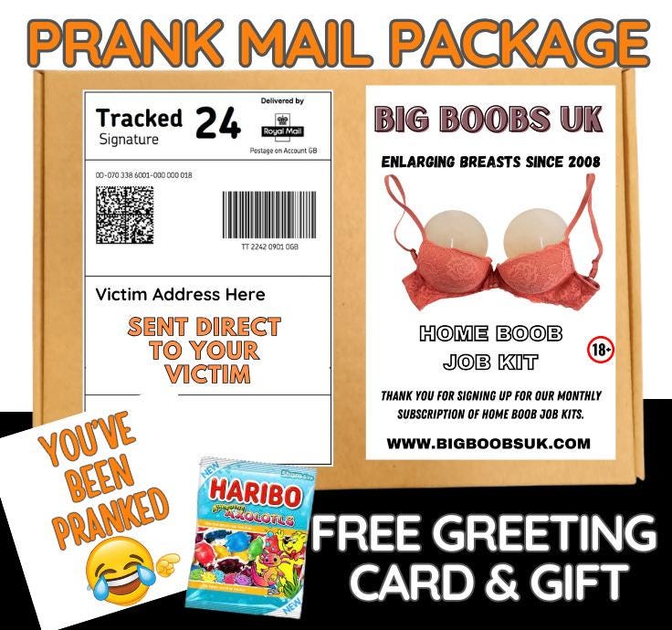 Prank Mail Package -Big boob s sent directly to Victim by Post - Adult Joke Parcel Birthday Postal Gift Funny Gag Embarrassing