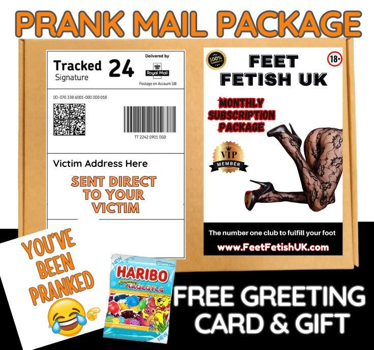 Prank Mail Package -feet fetish  sent directly to Victim by Post - Adult Joke Parcel Birthday Postal Gift Funny Gag Embarrassing