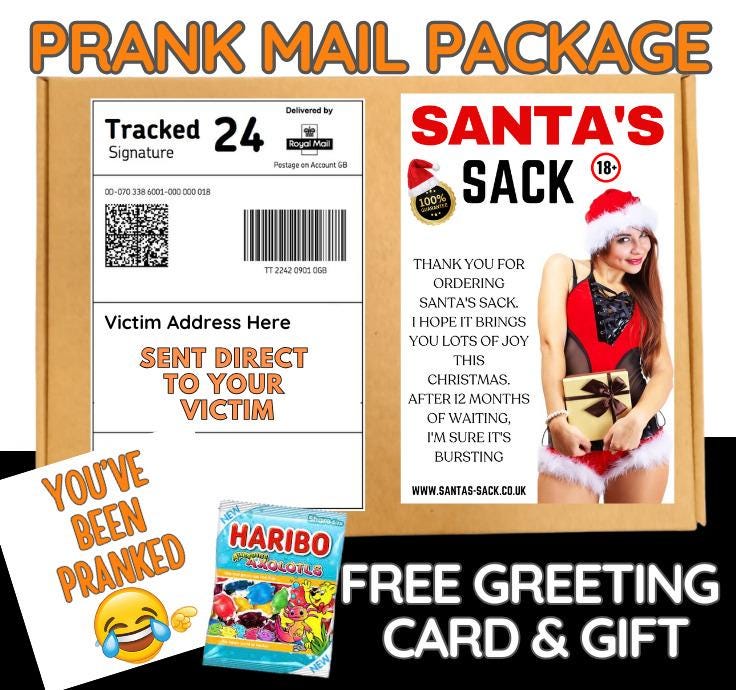 Prank Mail Package -santa,s sack sent directly to Victim by Post - Adult Joke Parcel Birthday Postal Gift Funny Gag Embarrassing