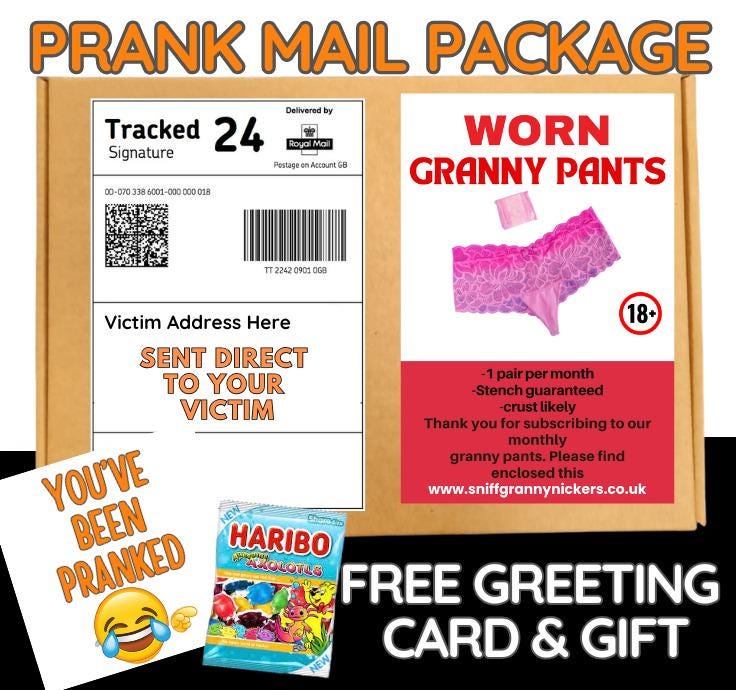 Prank Mail Package -worn granny panties sent directly to Victim by Post - Adult Joke Parcel Birthday Postal Gift Funny Gag Embarrassing