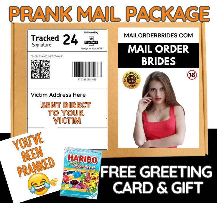 Prank Mail Package -Mail order brides sent directly to Victim by Post - Adult Joke Parcel Birthday Postal Gift Funny Gag Embarrassing