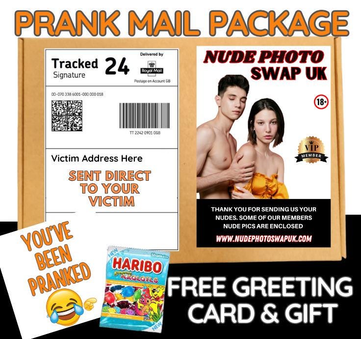 Prank Mail Package -nud e photo swap sent directly to Victim by Post - Adult Joke Parcel Birthday Postal Gift Funny Gag Embarrassing