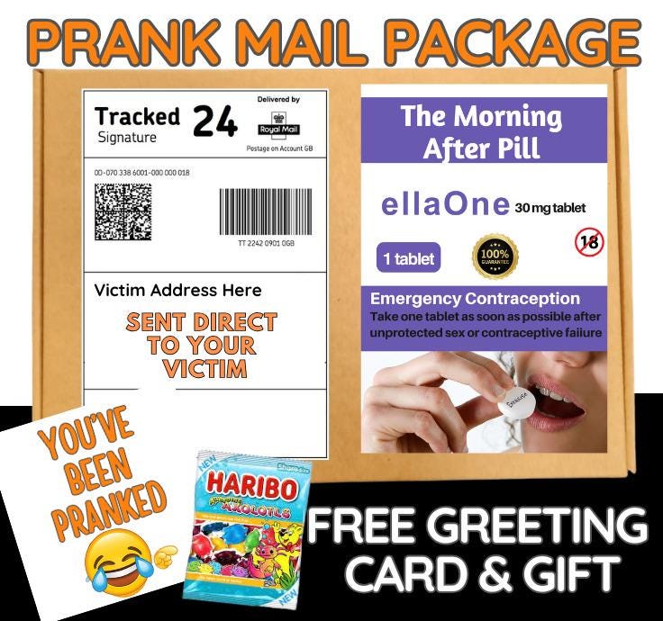Prank Mail Package -The morning after pill sent directly to Victim by Post - Adult Joke Parcel Birthday Postal Gift Funny Gag Embarrassing