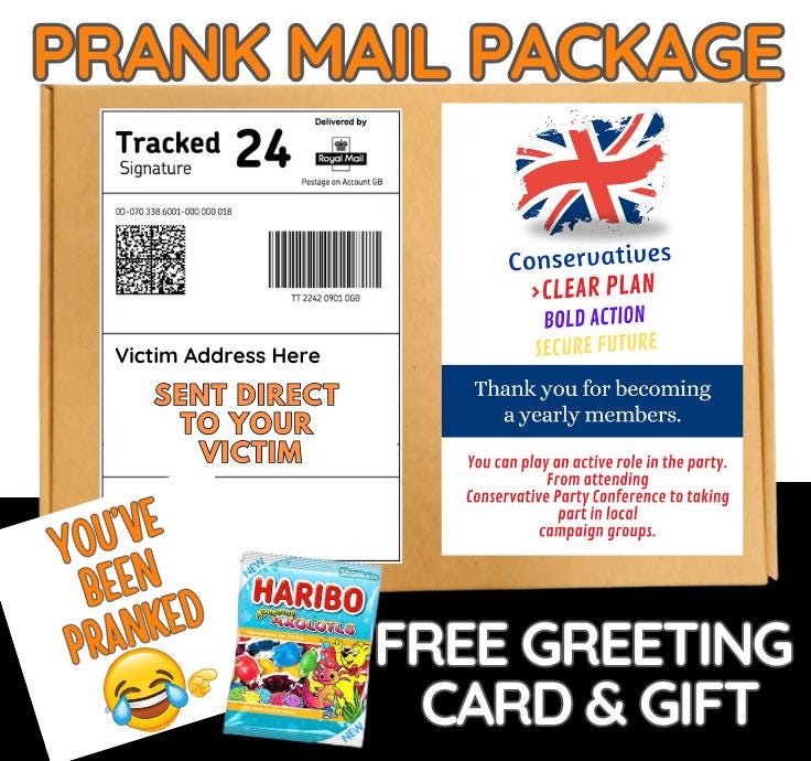 Prank Mail Package -membership sent directly to Victim by Post - Adult Joke Parcel Birthday Postal Gift Funny Gag Embarrassing