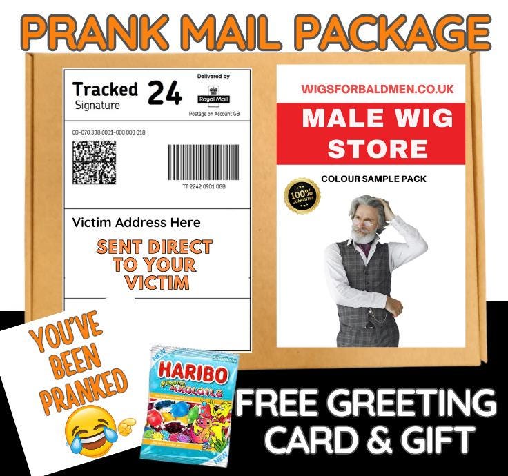 Prank Mail Package -male wig store sent directly to Victim by Post - Adult Joke Parcel Birthday Postal Gift Funny Gag Embarrassing