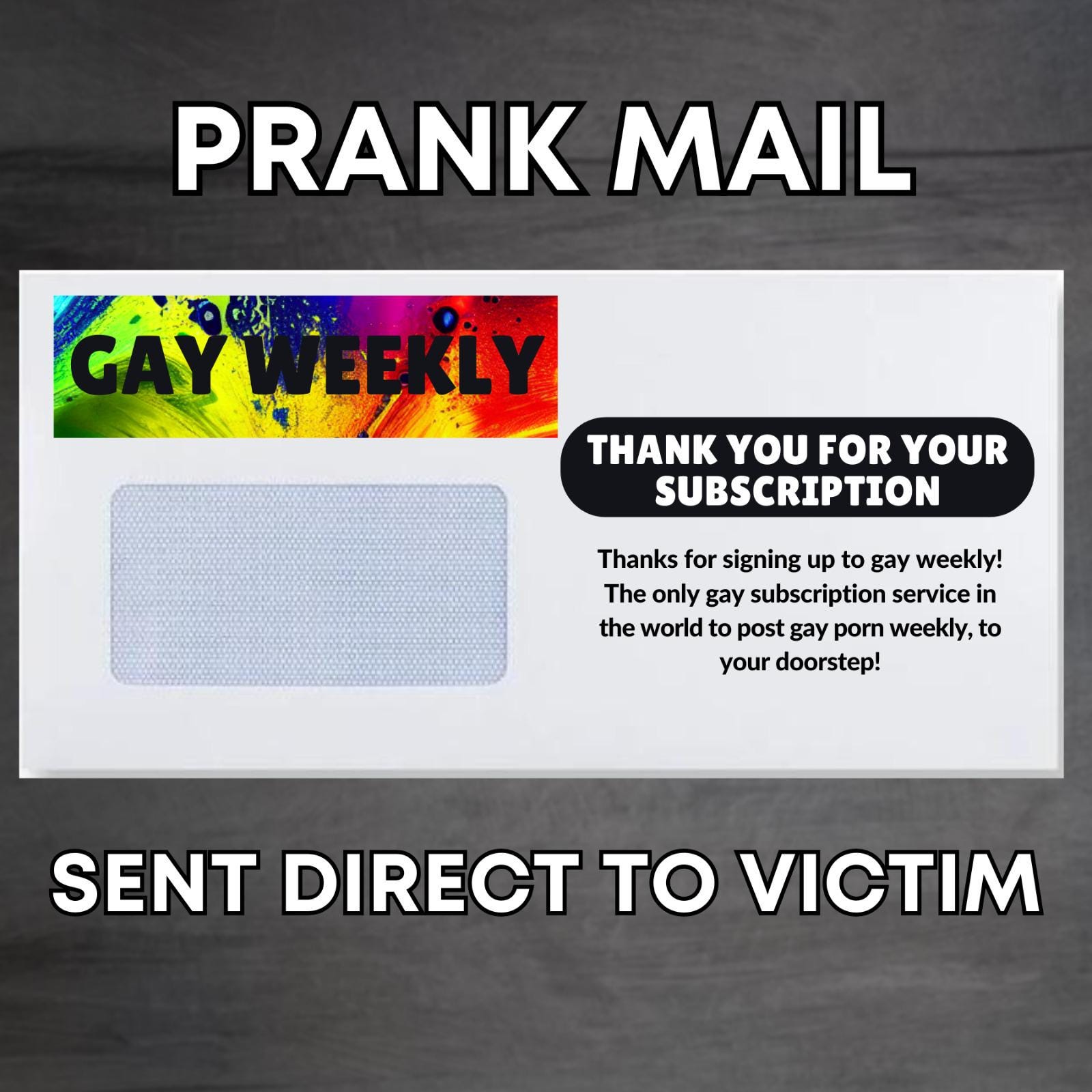 Prank Mail Package -Thanks for subscription sent directly to Victim by Post - Adult Joke Parcel Birthday Postal Gift Funny Gag Embarrassing