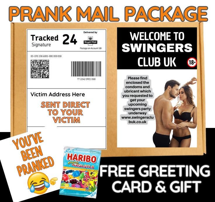 Prank Mail Package -welcome to swingers club sent directly to Victim by Post - Adult Joke Parcel Birthday Postal Gift Funny Gag Embarrassing