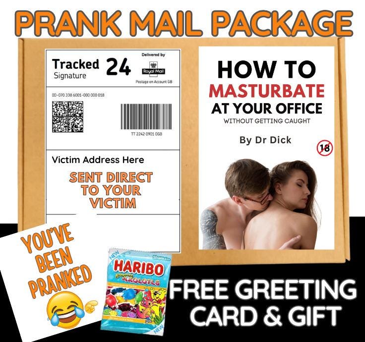 Prank Mail Package How to mastubra te at your office  sent directly to Victim by Post - Adult Joke Parcel Postal Gift Funny Gag Embarrassing