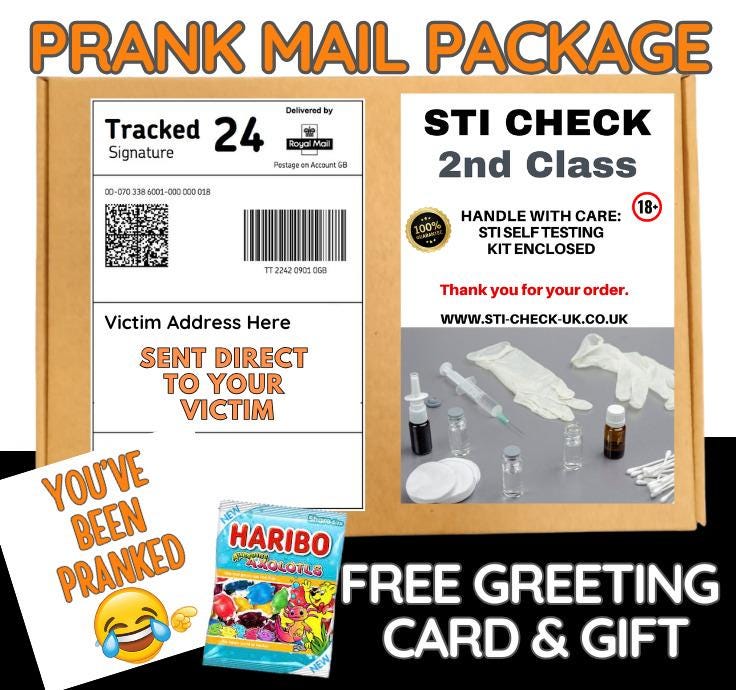 Prank Mail Package -sti check sent directly to Victim by Post - Adult Joke Parcel Birthday Postal Gift Funny Gag Embarrassing