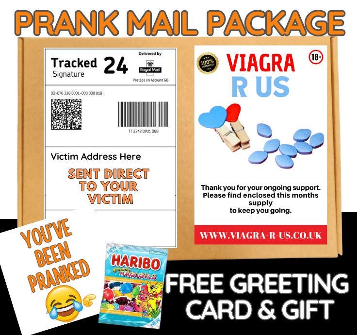 Prank Mail Package -viagra  sent directly to Victim by Post - Adult Joke Parcel Birthday Postal Gift Funny Gag Embarrassing