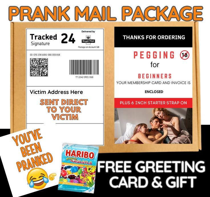 Prank Mail Package -pegging for bigeners sent directly to Victim by Post - Adult Joke Parcel Birthday Postal Gift Funny Gag Embarrassing