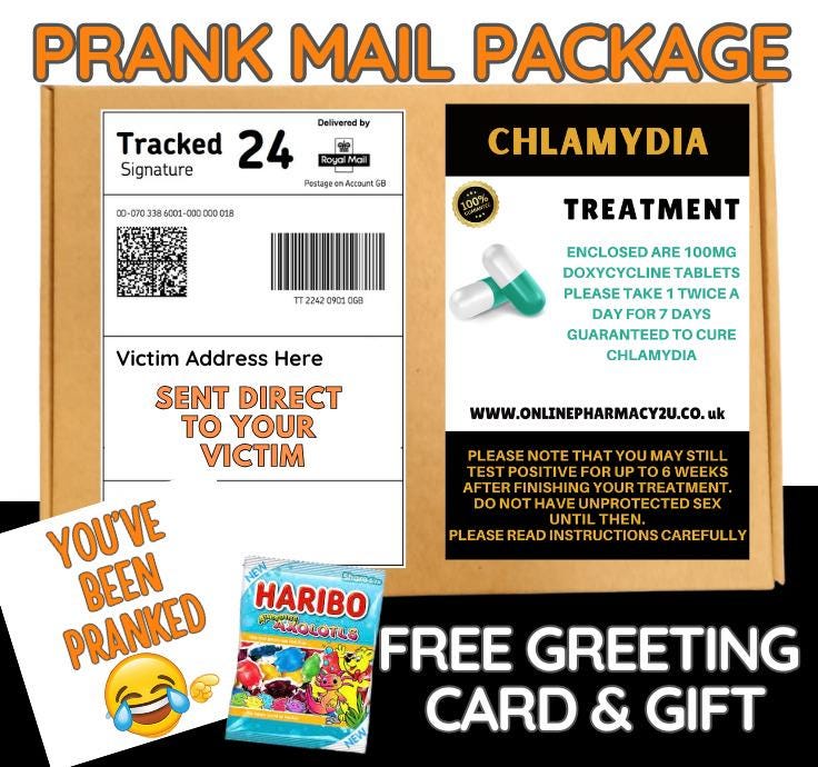 Prank Mail Package -chlamydia  sent directly to Victim by Post - Adult Joke Parcel Birthday Postal Gift Funny Gag Embarrassing