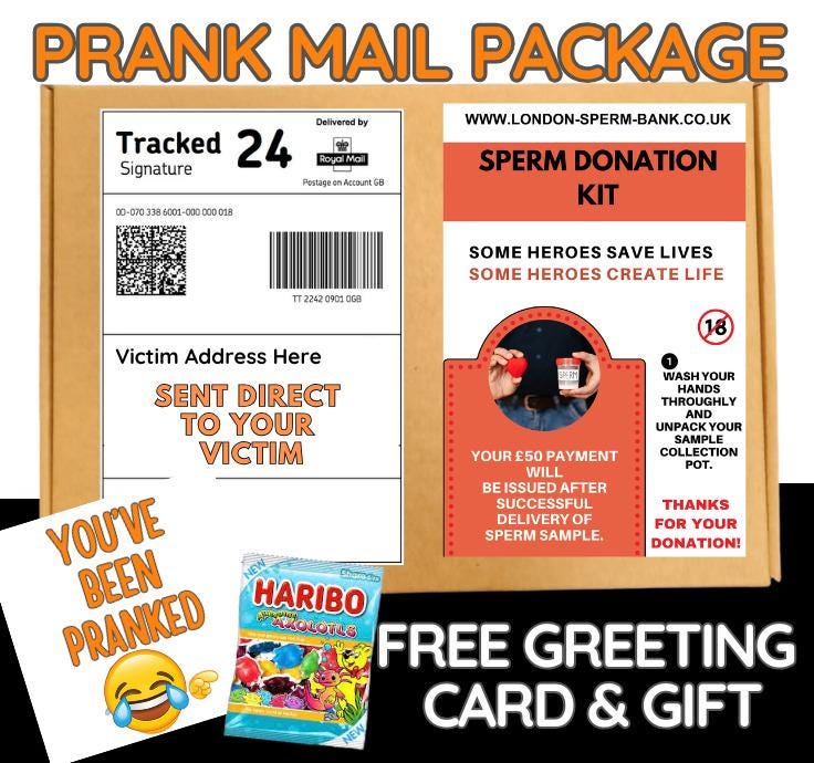 Prank Mail Package -sper m donation kit sent directly to Victim by Post - Adult Joke Parcel Birthday Postal Gift Funny Gag Embarrassing