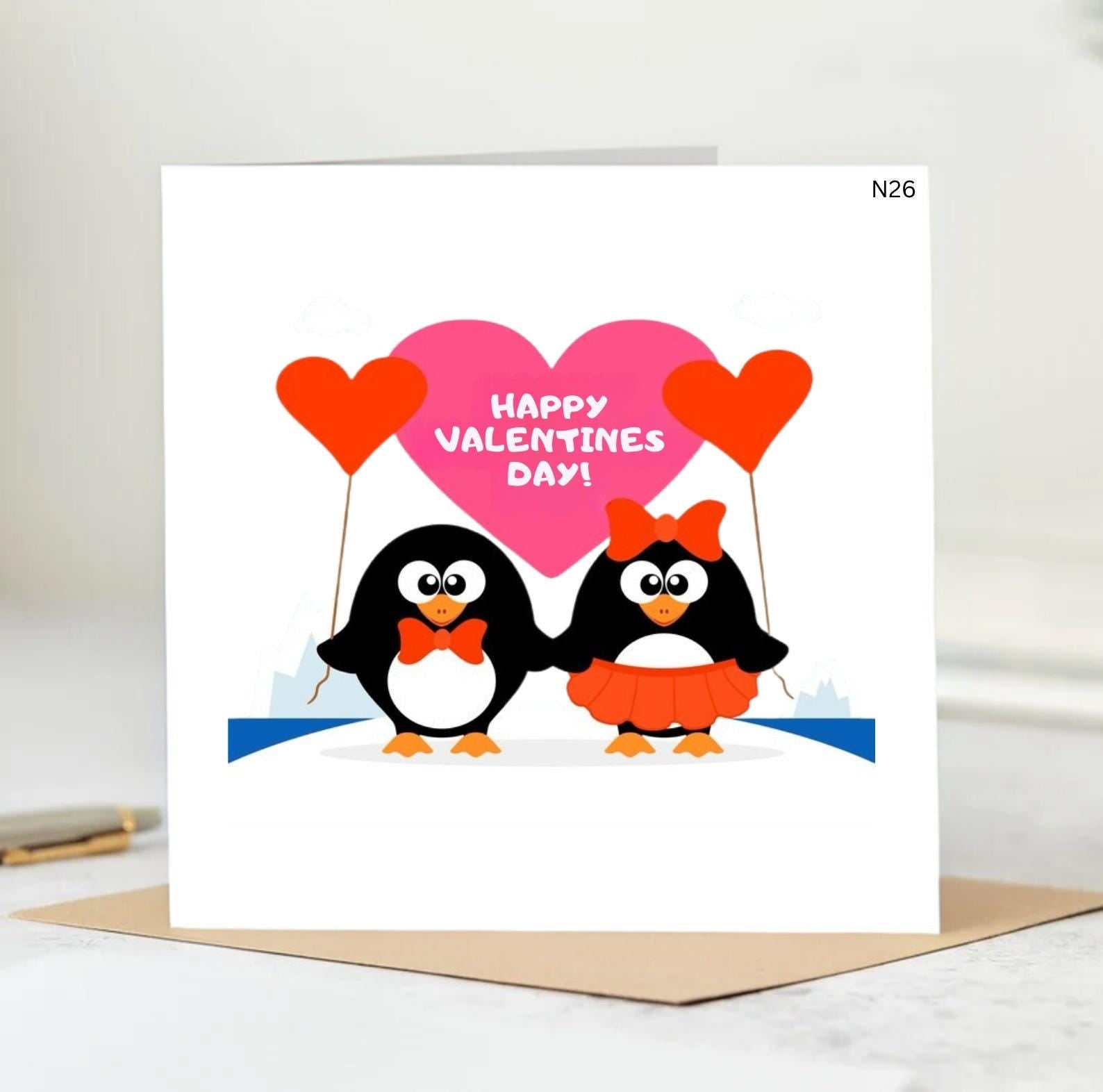 VALENTINES DAY card with cute penguin illustration,cute penguin Valentine's card for wife, for husband, for partner, gender neutral card 6x6