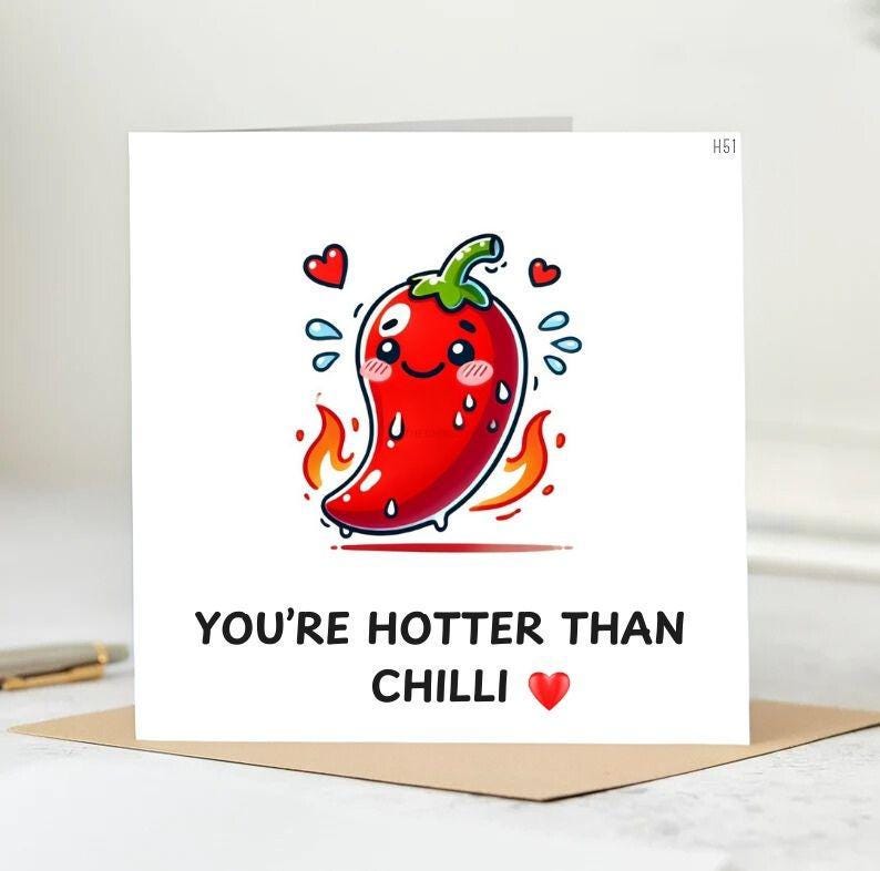 Happy Birthday Card Hot Stuff - Retro Cartoon Chilli Pepper - Spicy Funny Flirty Card for Boyfriend Girlfriend Partner Husband Wife 6x6