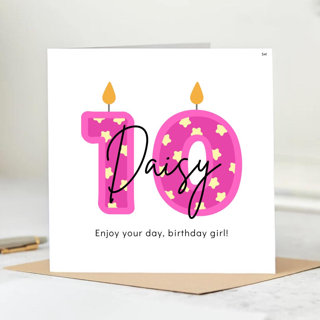 Personalized 10th Birthday card for Daisy - Pink Candle Design for Girls, Pink Candle Stars Design 6x6