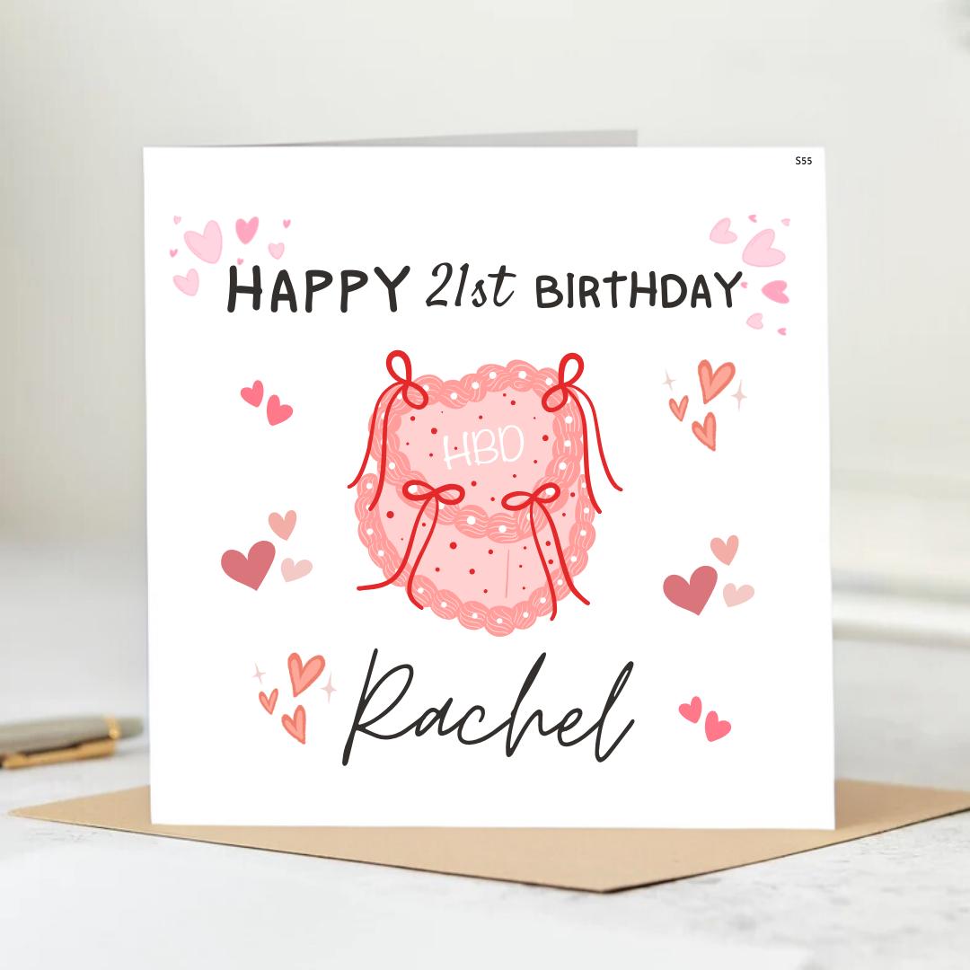 Personalized 21st Birthday card for ,Pink Heart Cake Theme – Custom Name Birthday card. 6x6