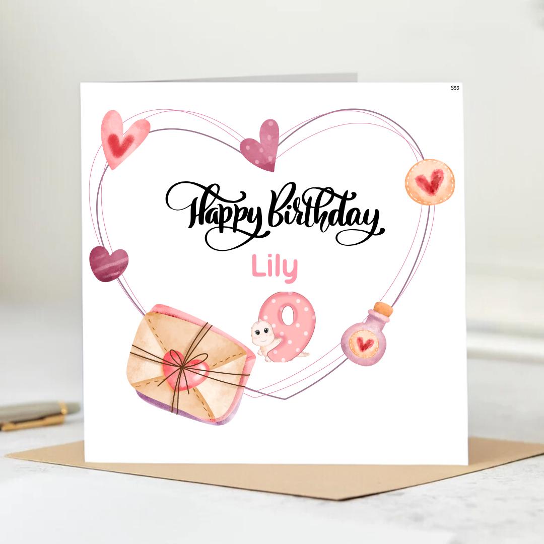 Happy 9th Birthday Card – Pink Dino and Heart Wreath – Custom Name Card, Custom Ninth Birthday Card. 6x6