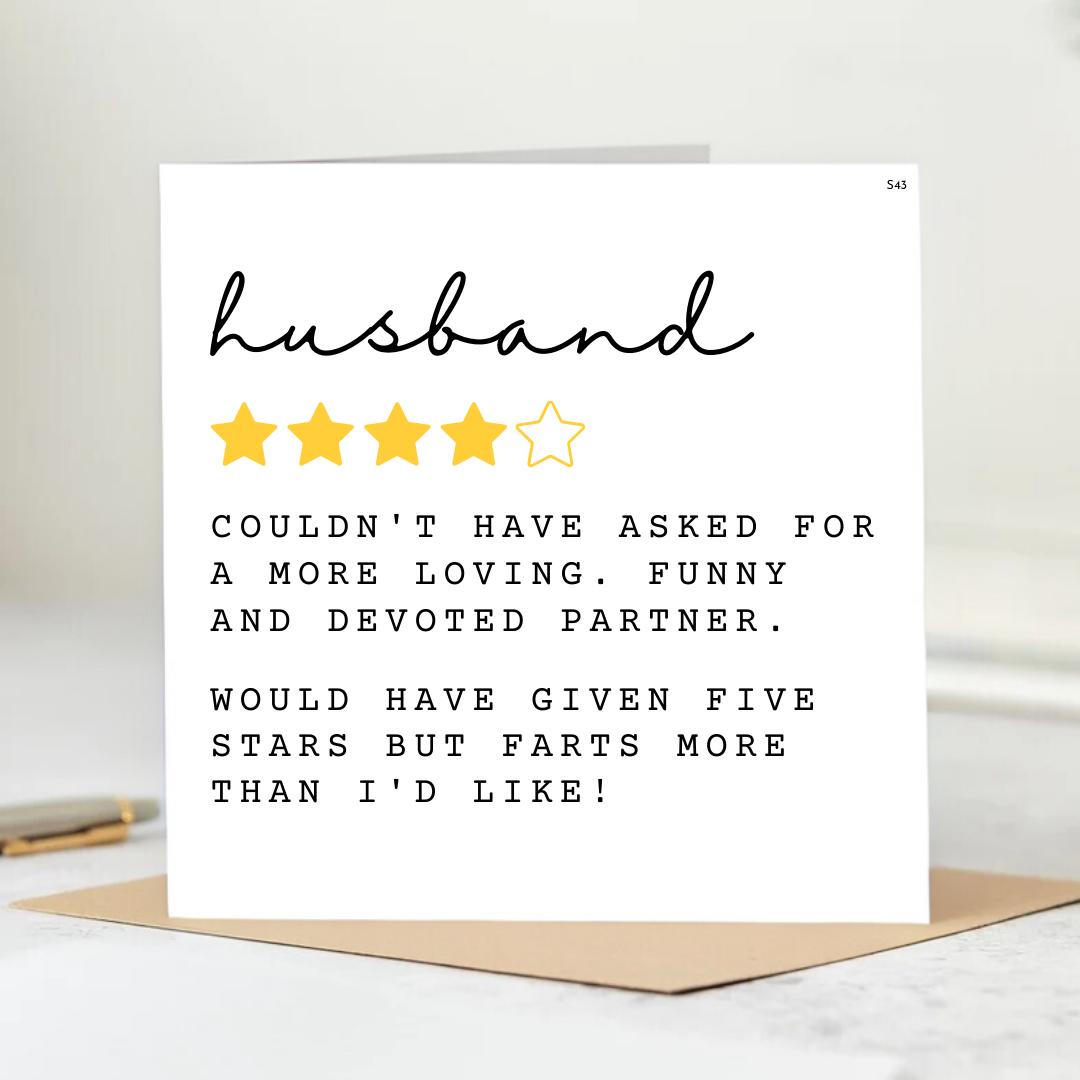 Funny Husband Birthday Card – 4 Star Review – Loving but Farty! 6x6