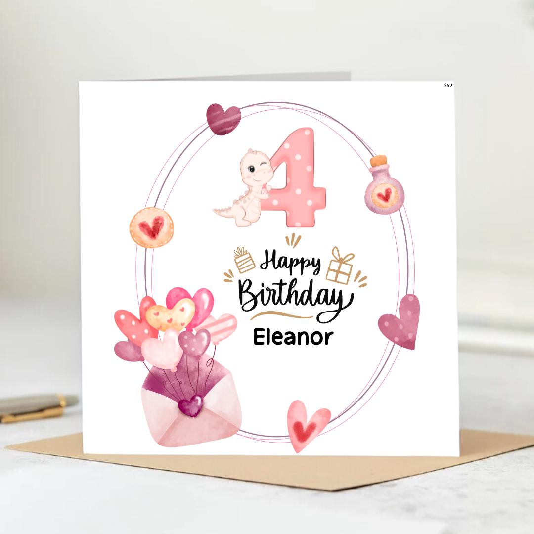 Personalized 4th Birthday Card for Eleanor – Cute Dinosaur and Heart Balloons" Custom Fourth Birthday Card. 6x6